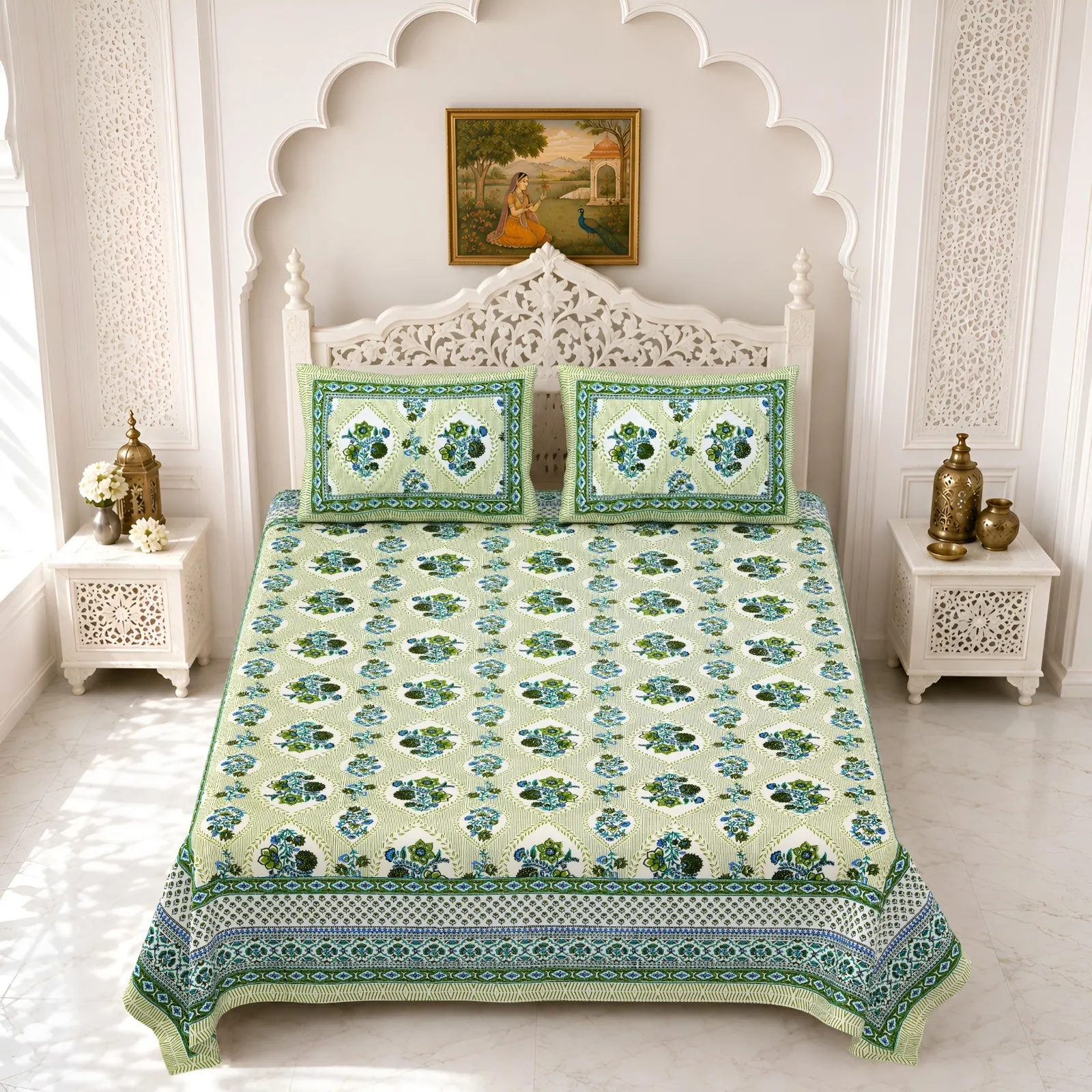 Green floral double bedsheet 90x108 wholesale Jaipur – Green Floral Buta double bedsheet 90x108 wholesale Jaipur – Gulmohar collection
