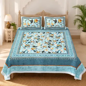 Aasmani Chidiya Phool pure cotton double bedsheet 90x108 wholesale Jaipur