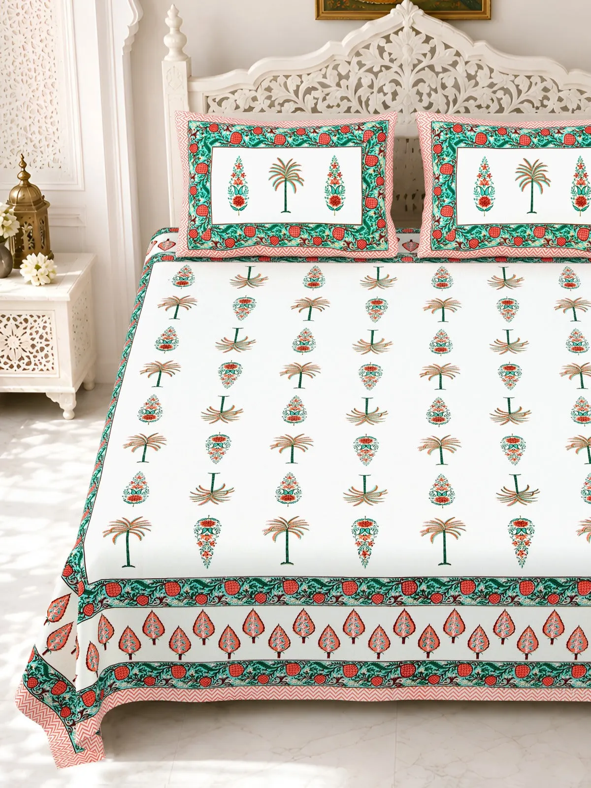 Green Pink Palm Tree double bedsheet 90x108 wholesale Jaipur – Gulmohar collection – view 2