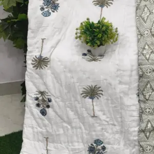 White Palm Buta Jaipuri razai wholesale Jaipur – White Palm Buta Grey Reverse mulmul cotton quilt, reversible – Jal Mahal collection
