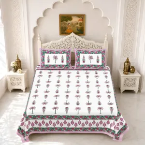 Pink Palm Tree Cotton Double Bedsheet 90x108 with 2 Pillow Covers (Gulmohar)