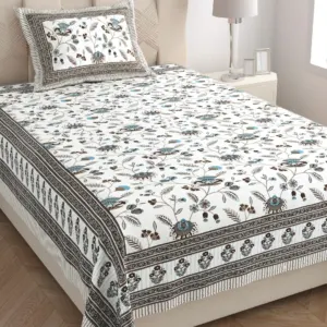 Charcoal vine single bedsheet 60x90 wholesale Jaipur – Charcoal Phool Bel single bed cotton bedsheet 60x90 with pillow cover – charcoal – Jaipur wholesale