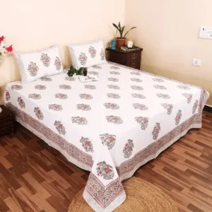 Peach Phool Guchha Hand Block Printed Double Bedsheet 95x108 with 2 Pillow Covers (Rajwada)