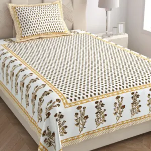 Mustard vine single bedsheet 60x90 wholesale Jaipur – Mustard Mini Booti with Bel Border single bed cotton bedsheet 60x90 with pillow cover – mustard – Jaipur wholesale