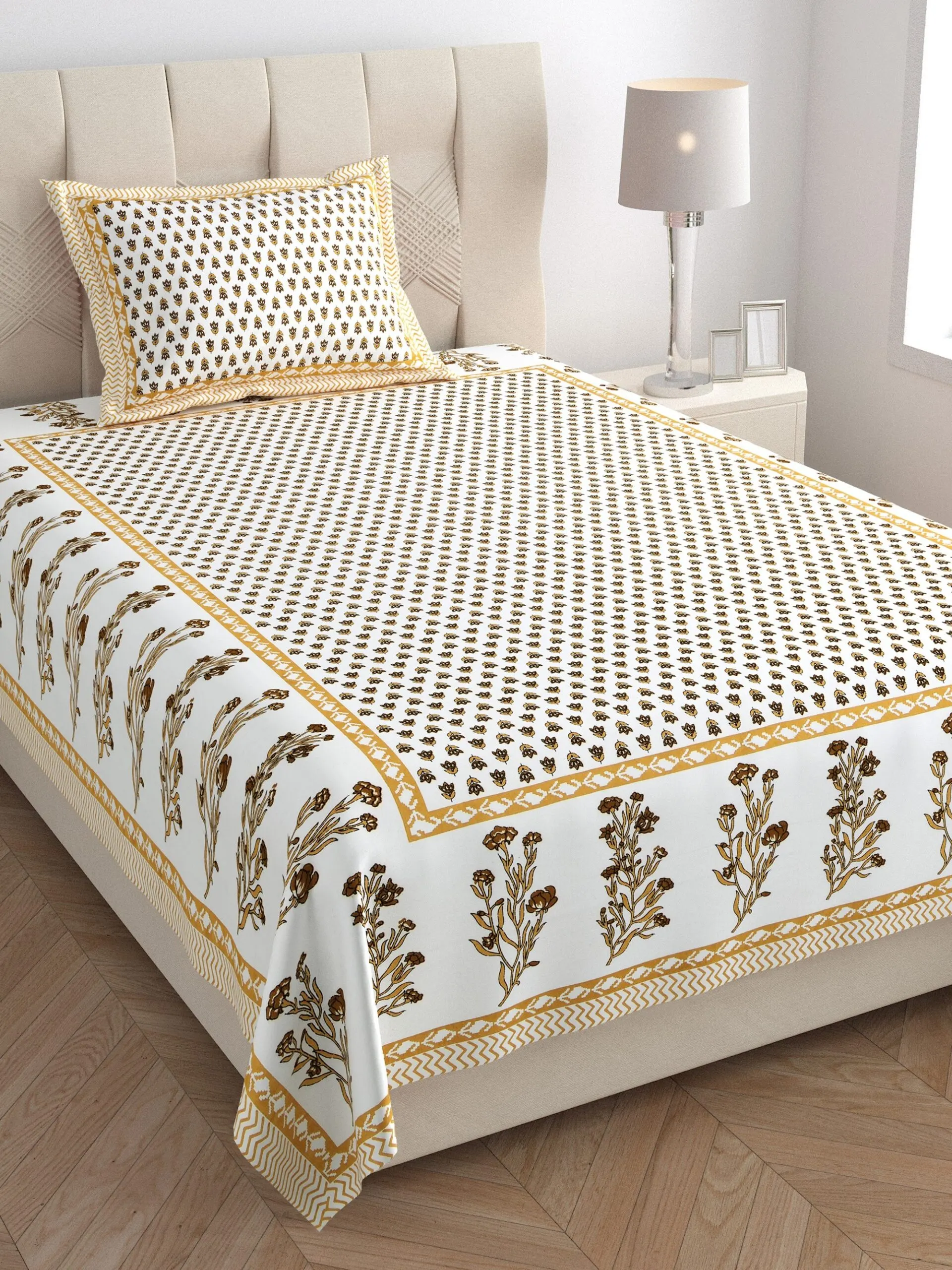 Mustard vine single bedsheet 60x90 wholesale Jaipur – Mustard Mini Booti with Bel Border single bed cotton bedsheet 60x90 with pillow cover – mustard – Jaipur wholesale