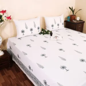 Palm hand block bedsheet 95x108 wholesale Jaipur – Palm Patti Booti hand block printed double bedsheet 95x108 with 2 pillow covers – grey green – Jaipur wholesale