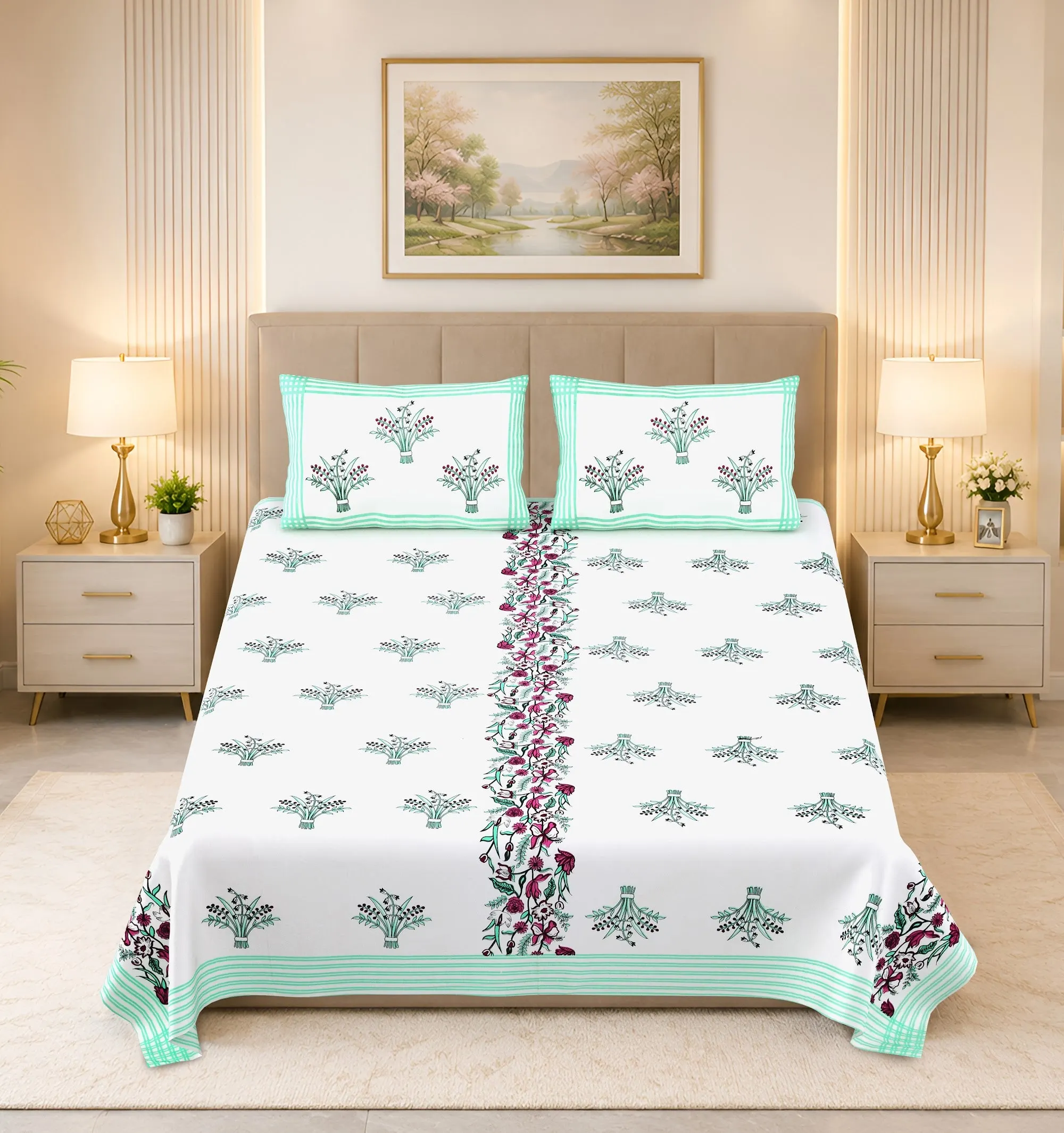Pudina Bel Border premium cotton double bedsheet 100x108 with 2 pillow covers – mint green and grey – Jaipur wholesale – image 4