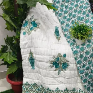 White Aqua Floral Buta Jaipuri Razai Wholesale – Mulmul Cotton Quilt (Jal Mahal)