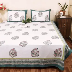 Firozi Border Bouquet Hand Block Printed Double Bedsheet 95x108 with 2 Pillow Covers (Rajwada)
