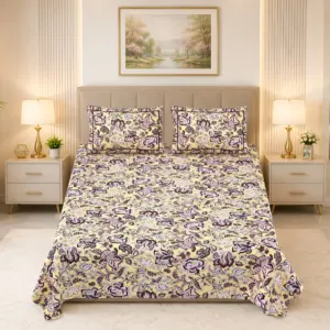 Yellow jaal double bedsheet 100x108 wholesale Jaipur – Basanti Phool Jaal premium cotton double bedsheet 100x108 with 2 pillow covers – yellow and plum – Jaipur wholesale