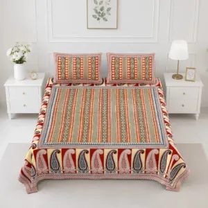 Coral paisley double bedsheet 90x108 wholesale Jaipur – Coral Stripe Paisley printed cotton double bedsheet 90x108 wholesale Jaipur – Rangeela collection