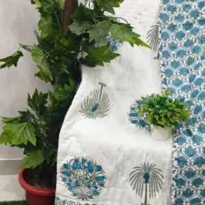 White Blue Lotus Jaipuri razai wholesale Jaipur – White Blue Lotus Buta mulmul cotton quilt, reversible – Jal Mahal collection