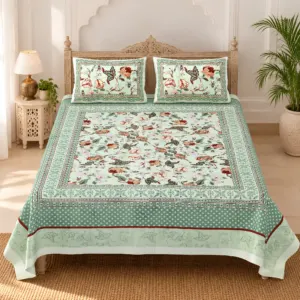 Pista Chidiya Phool pure cotton double bedsheet 90x108 wholesale Jaipur
