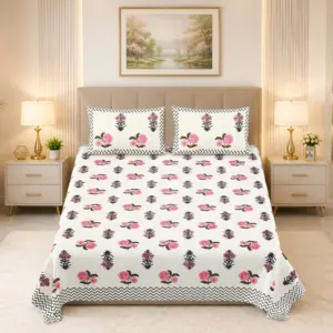 Pink zigzag double bedsheet 100x108 wholesale Jaipur – Gulabi Gulab Zigzag premium cotton double bedsheet 100x108 with 2 pillow covers – pink – Jaipur wholesale