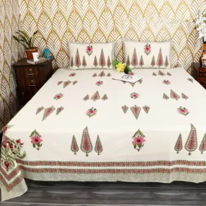 Maroon Cypress Pink Flower Block Print Murugan Cotton King Size Bedsheet 108x108 (Amer)