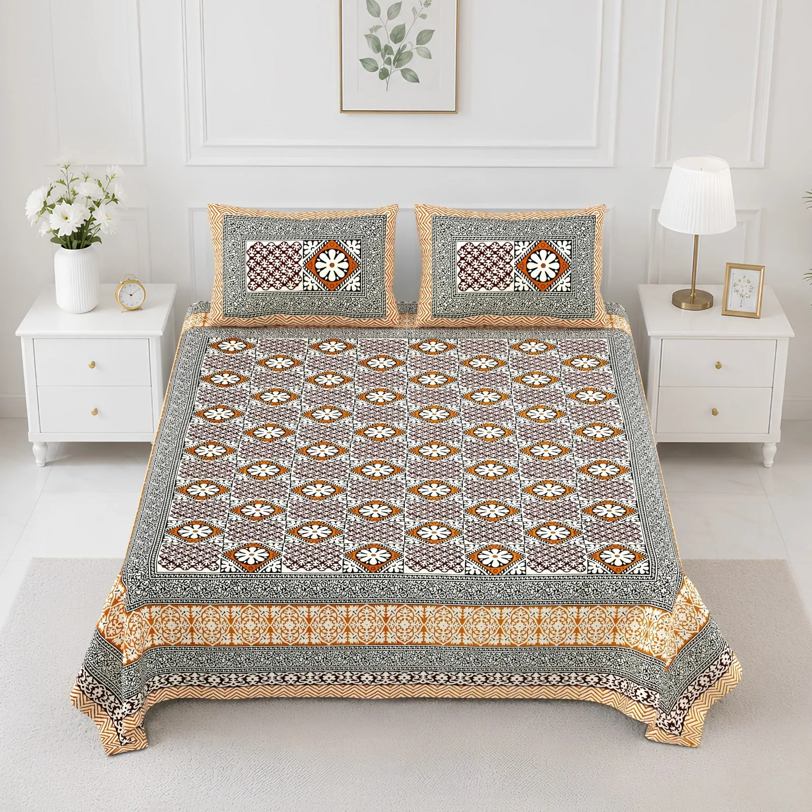 Beige medallion double bedsheet 90x108 wholesale Jaipur – Beige Diamond Medallion printed cotton double bedsheet 90x108 wholesale Jaipur – Rangeela collection