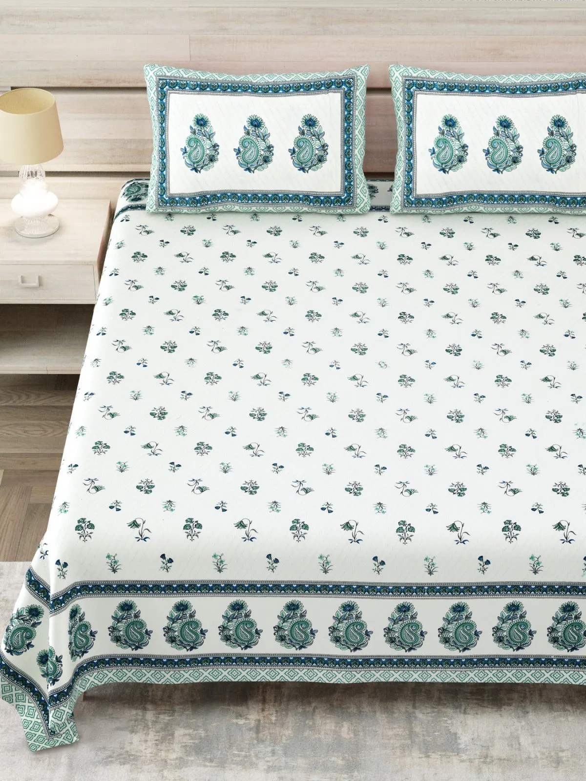 Teal Buti Kairi Border king size bedsheet 108x108 wholesale Jaipur – Sheesh Mahal collection – view 2