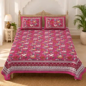 Rani Gulabi Gulzar pure cotton double bedsheet 90x108 wholesale Jaipur