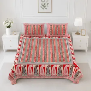Red paisley double bedsheet 90x108 wholesale Jaipur – Red Stripe Paisley printed cotton double bedsheet 90x108 wholesale Jaipur – Rangeela collection