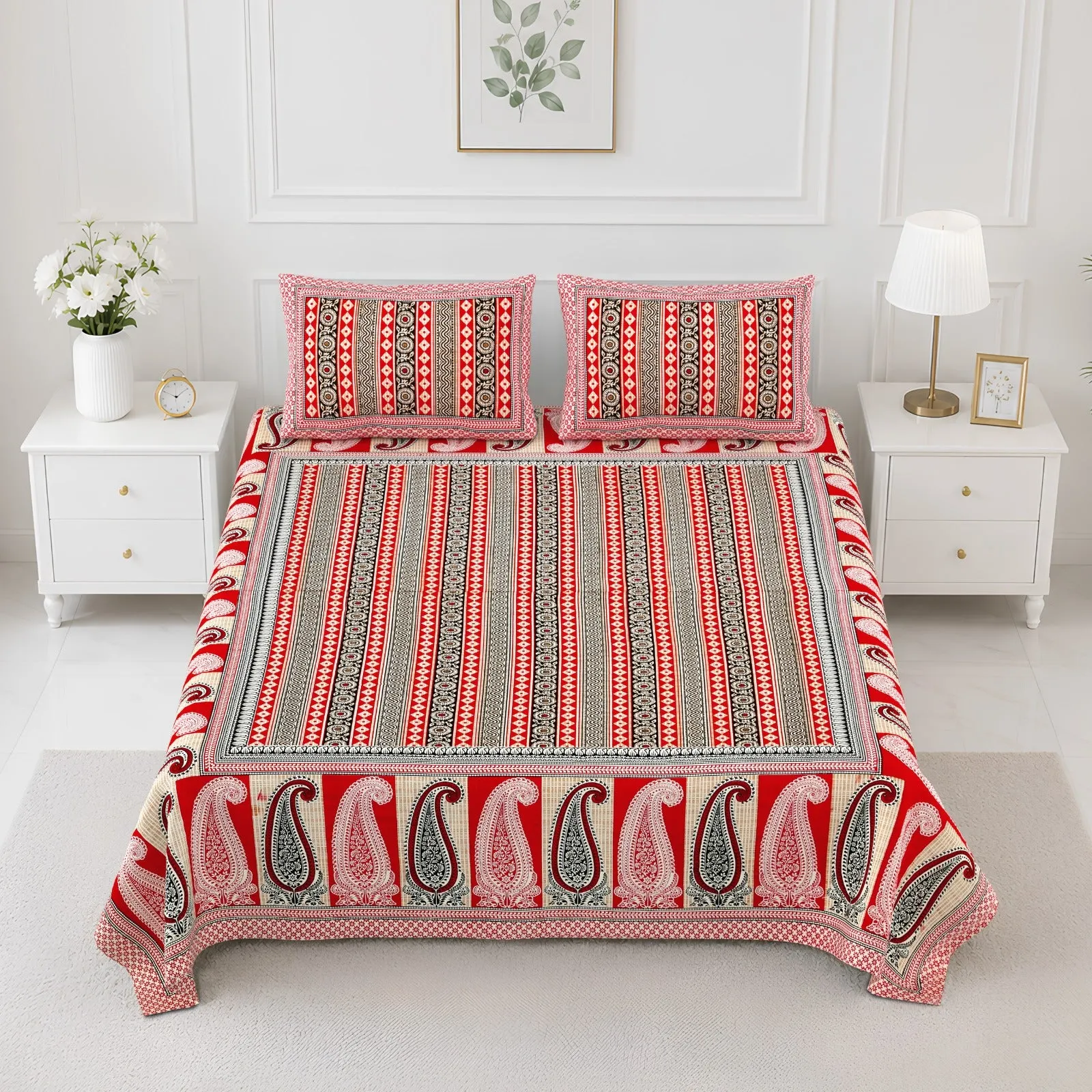 Red paisley double bedsheet 90x108 wholesale Jaipur – Red Stripe Paisley printed cotton double bedsheet 90x108 wholesale Jaipur – Rangeela collection