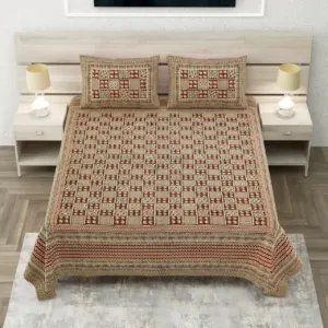Beige sanganeri double bedsheet 90x108 wholesale Jaipur – Beige Maroon Chowkdi double bedsheet 90x108 wholesale Jaipur – Sanganer Heritage collection