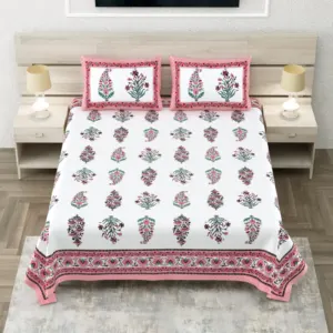Pink leaf king size bedsheet 108x108 wholesale Jaipur – Pink Border Leaf Buta king size bedsheet 108x108 wholesale Jaipur – Sheesh Mahal collection