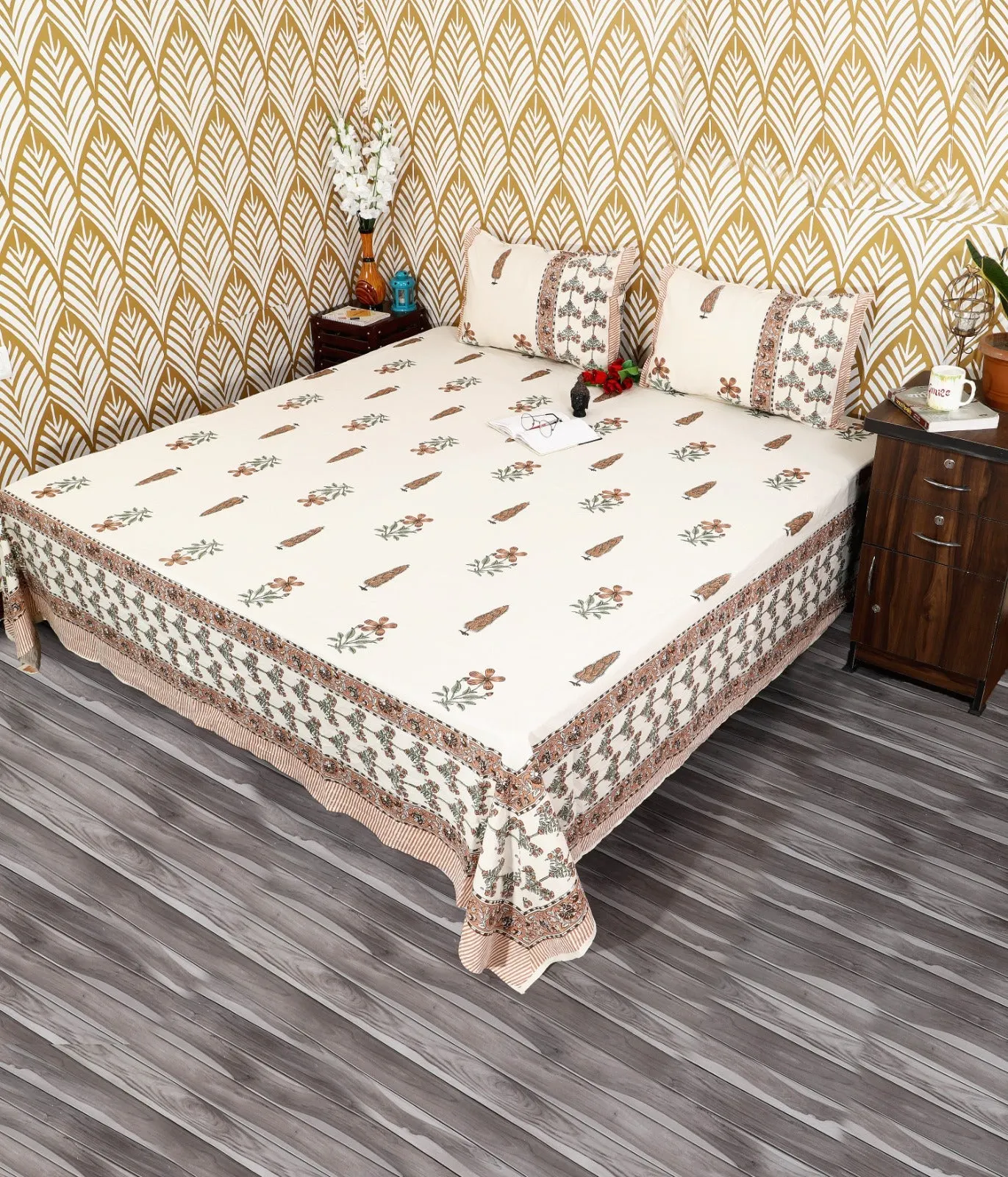 Brown Floral Border Buti king size bedsheet 108x108 wholesale Jaipur – Amer collection – view 3