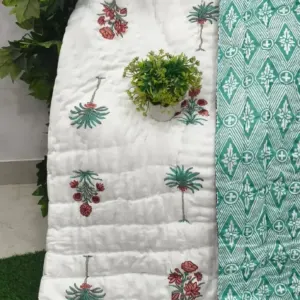 White Palm Buta Jaipuri razai wholesale Jaipur – White Palm Buta Teal Reverse mulmul cotton quilt, reversible – Jal Mahal collection