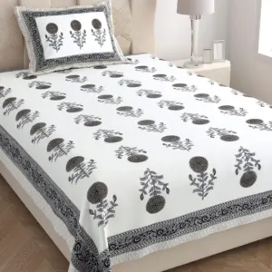 Grey marigold single bedsheet 60x90 wholesale Jaipur – Grey Genda Phool Buta single bed cotton bedsheet 60x90 with pillow cover – grey – Jaipur wholesale