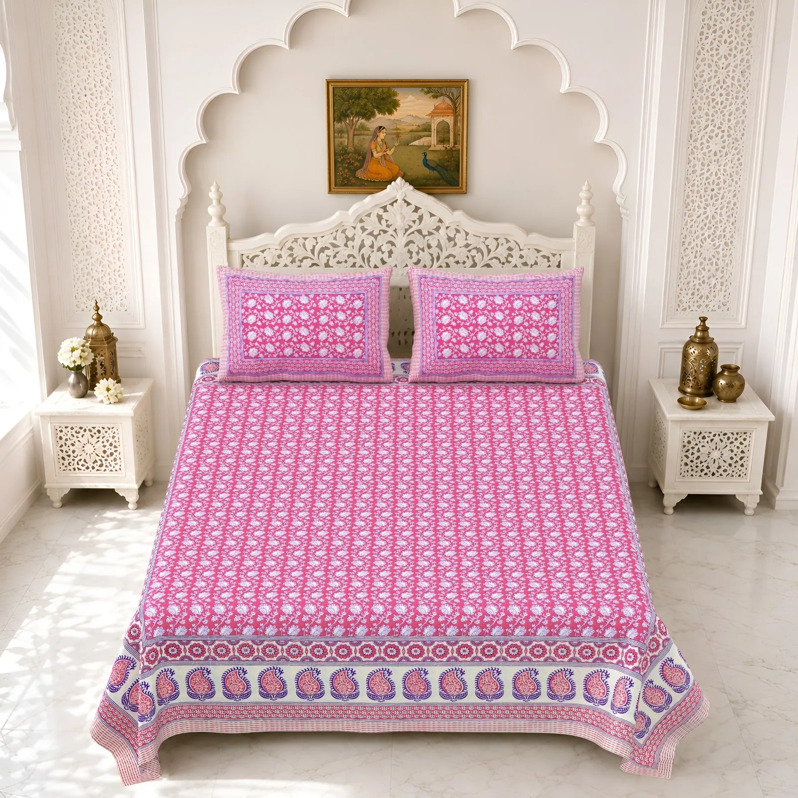 Pink buta double bedsheet 90x108 wholesale Jaipur – Pink Booti double bedsheet 90x108 wholesale Jaipur – Gulmohar collection