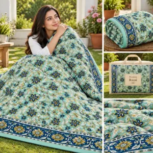 Aqua Navy Floral Jaipuri razai wholesale Jaipur – Aqua Navy Floral mulmul cotton quilt, reversible – Jal Mahal collection