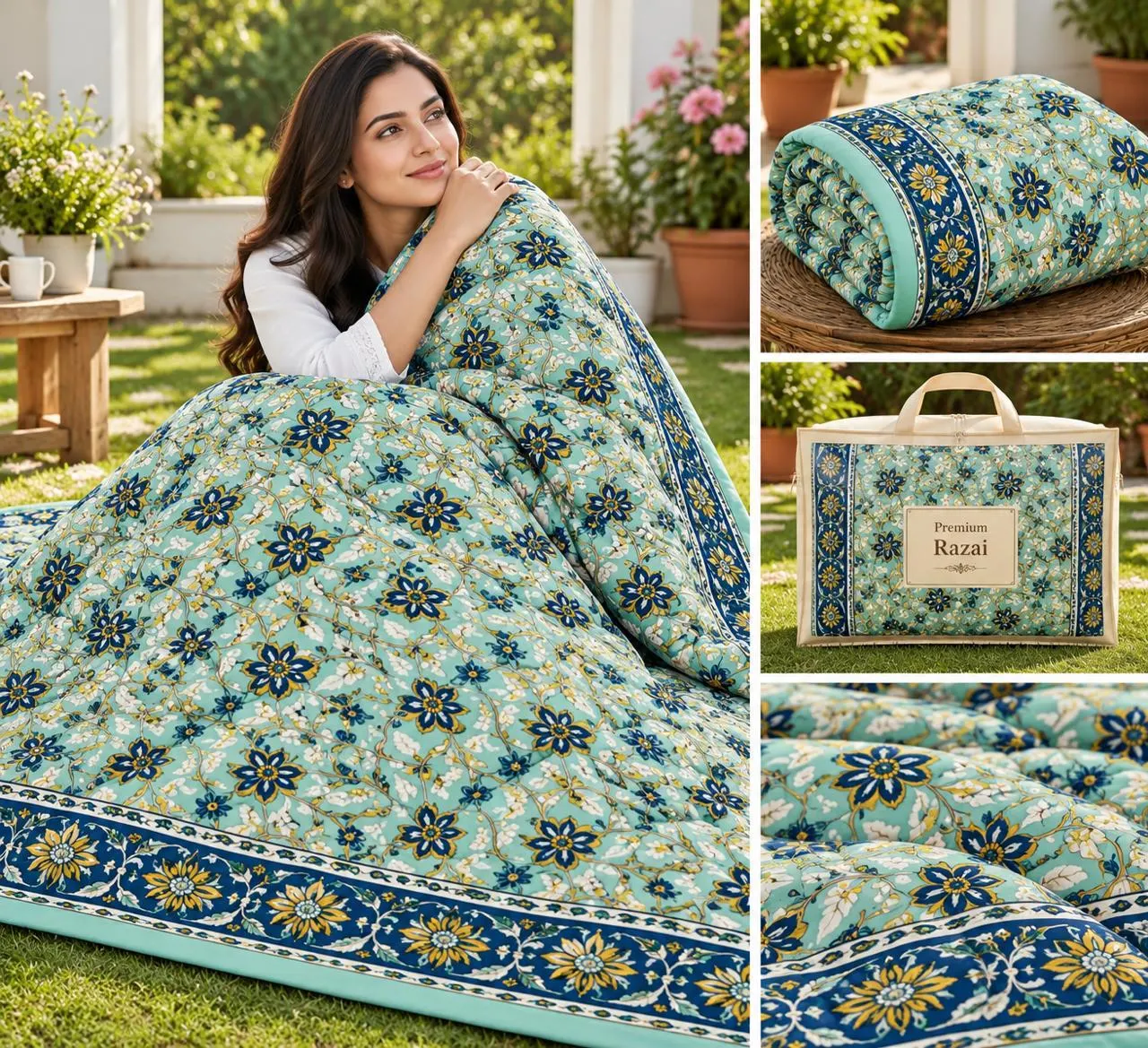 Aqua Navy Floral Jaipuri razai wholesale Jaipur – Aqua Navy Floral mulmul cotton quilt, reversible – Jal Mahal collection