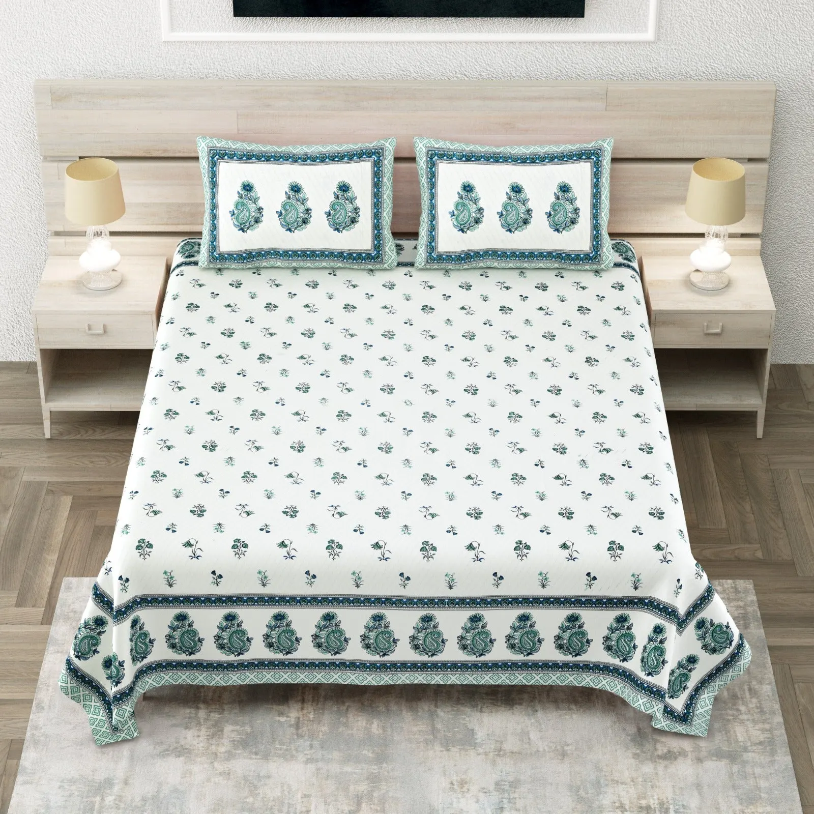 Teal paisley king size bedsheet 108x108 wholesale Jaipur – Teal Buti Kairi Border king size bedsheet 108x108 wholesale Jaipur – Sheesh Mahal collection