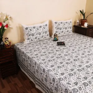 Black tulip hand block bedsheet 95x108 wholesale Jaipur – Kali Tulip Jaal hand block printed double bedsheet 95x108 with 2 pillow covers – charcoal black – Jaipur wholesale