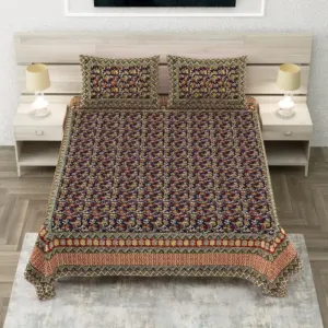 Olive Kalamkari Jaal Sanganeri Print Pure Cotton Double Bedsheet 90x108 (Sanganer Heritage)