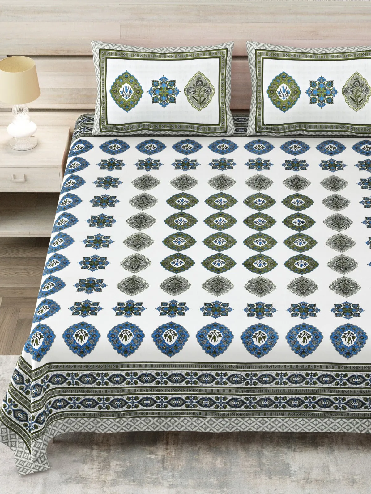 Navy Green Geometric Medallion king size bedsheet 108x108 wholesale Jaipur – Sheesh Mahal collection – view 2
