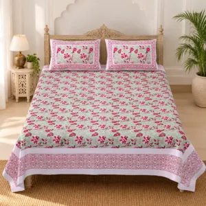 Gulabi Phool Bel pure cotton double bedsheet 90x108 wholesale Jaipur