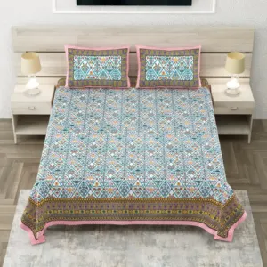Blue jaal king size bedsheet 108x108 wholesale Jaipur – Blue Pink Border Jaal king size bedsheet 108x108 wholesale Jaipur – Sheesh Mahal collection