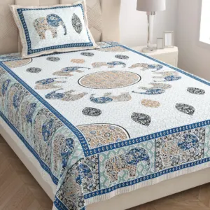 Blue elephant single bedsheet 60x90 wholesale Jaipur – Blue Haathi Mandala single bed cotton bedsheet 60x90 with pillow cover – blue – Jaipur wholesale
