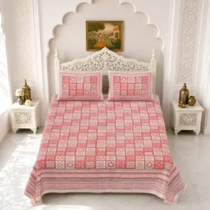 Pink Check Cotton Double Bedsheet 90x108 with 2 Pillow Covers (Gulmohar)