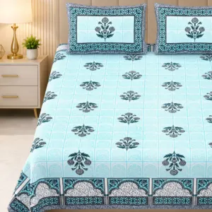 Sky blue mughal double bedsheet 100x108 wholesale Jaipur – Aasmani Mughal Panel Booti premium cotton double bedsheet 100x108 with 2 pillow covers – sky blue – Jaipur wholesale