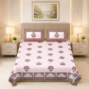Gulabi Mughal Panel Booti Premium Cotton Double Bedsheet 100x108 with 2 Pillow Covers (Rangmahal)