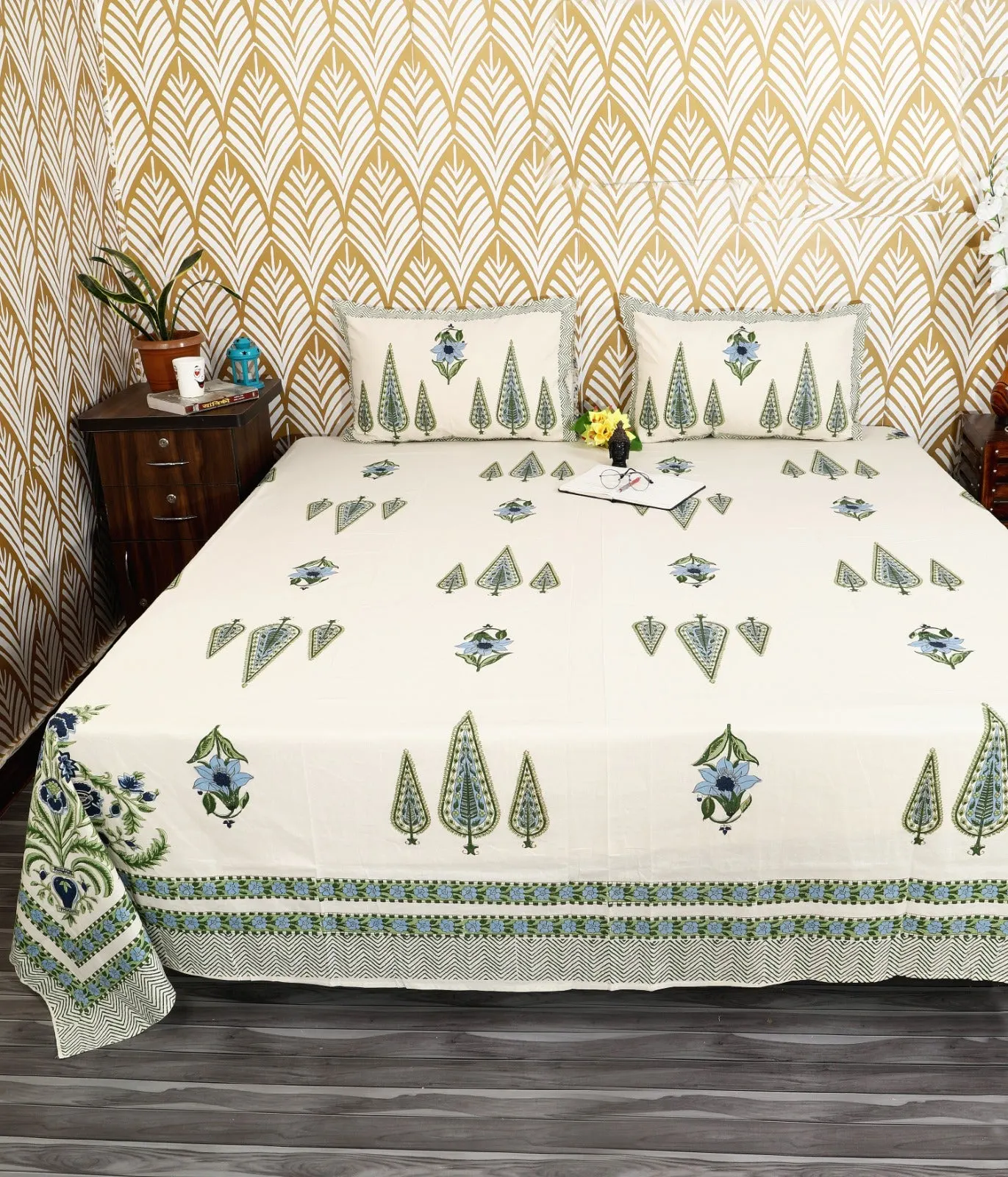 Green cypress king size bedsheet 108x108 wholesale Jaipur – Green Cypress Blue Flower king size bedsheet 108x108 wholesale Jaipur – Amer collection
