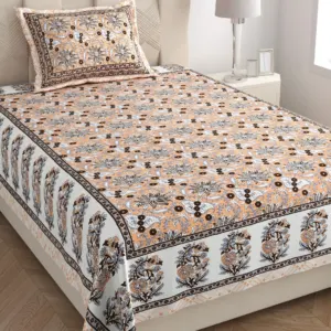 Peach kalamkari single bedsheet 60x90 wholesale Jaipur – Peach Kalamkari Phool Jaal single bed cotton bedsheet 60x90 with pillow cover – peach – Jaipur wholesale