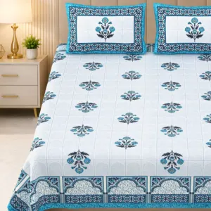 Teal mughal double bedsheet 100x108 wholesale Jaipur – Teal Mughal Panel Booti premium cotton double bedsheet 100x108 with 2 pillow covers – teal – Jaipur wholesale