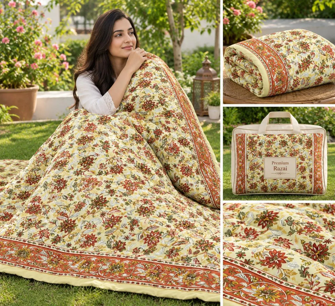Ivory Rust Floral Jaipuri razai wholesale Jaipur – Ivory Rust Floral mulmul cotton quilt, reversible – Jal Mahal collection
