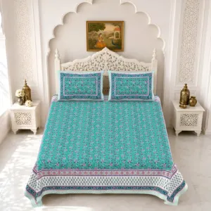 Aqua floral double bedsheet 90x108 wholesale Jaipur – Aqua Floral Border double bedsheet 90x108 wholesale Jaipur – Gulmohar collection