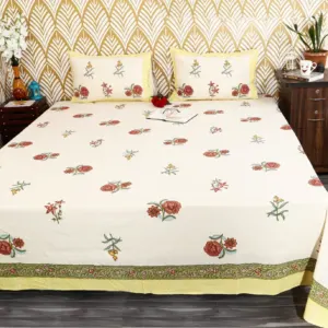 Red Rose Yellow Border Block Print Murugan Cotton King Size Bedsheet 108x108 (Amer)