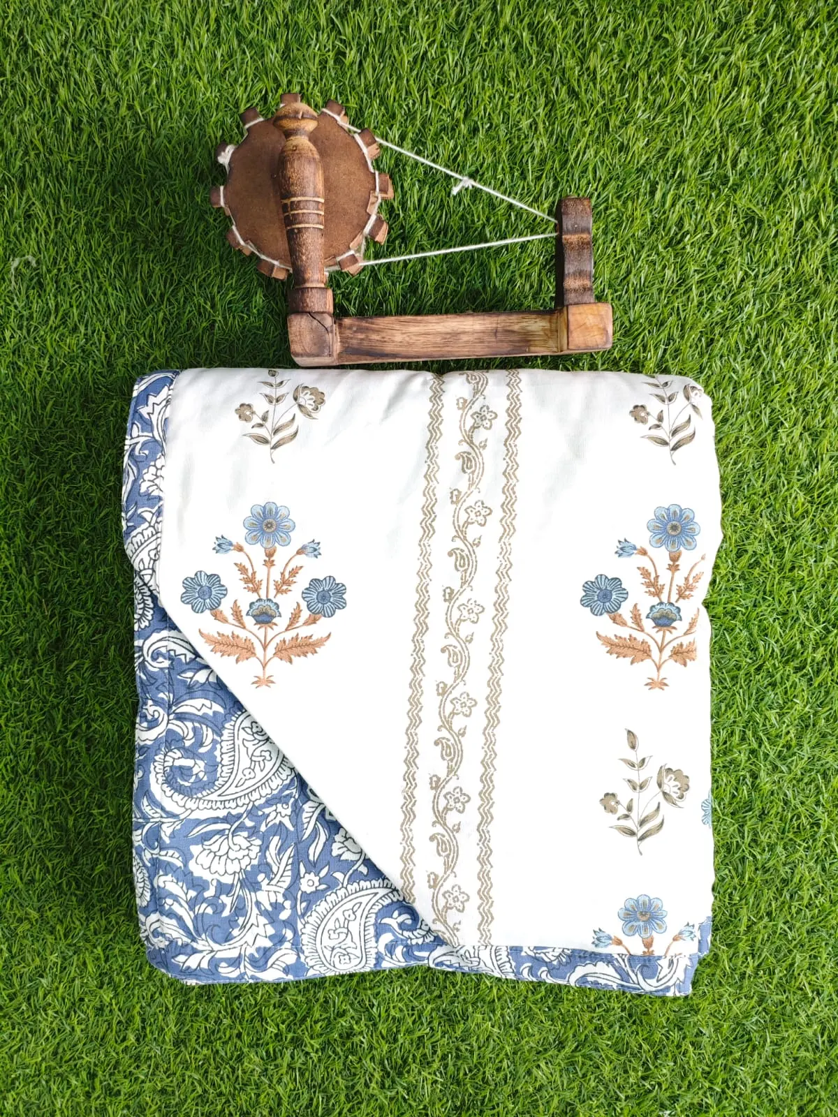 Blue Paisley Stripe reversible double bed dohar 90x100 wholesale Jaipur – Barkha collection – view 2
