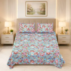Firozi Kalamkari Phool Premium Cotton Double Bedsheet 100x108 with 2 Pillow Covers (Rangmahal)